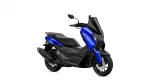 Blue and black Yamaha scooter with a tall windshield, shown from a front-right angle.