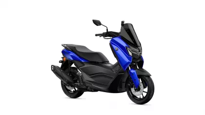 Blue and black Yamaha scooter with a tall windshield, shown from a front-right angle.