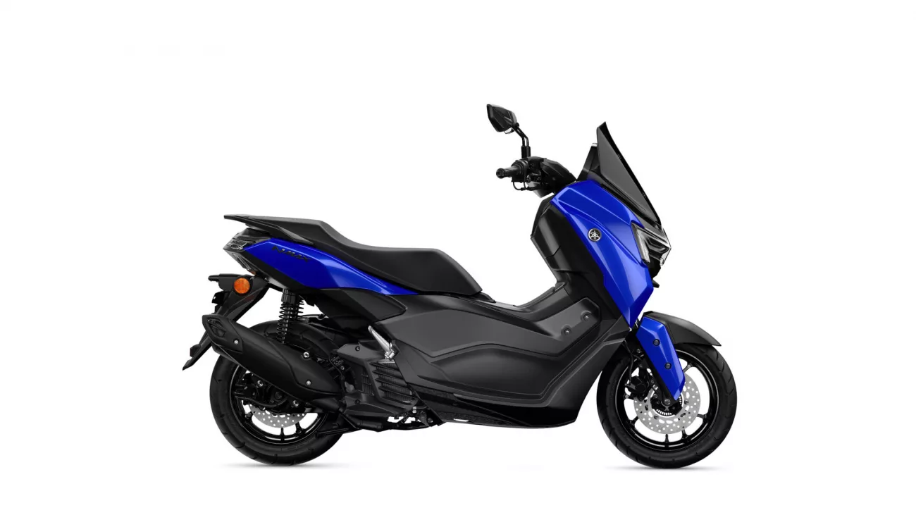 Blue Yamaha scooter viewed from the left side against a white background.