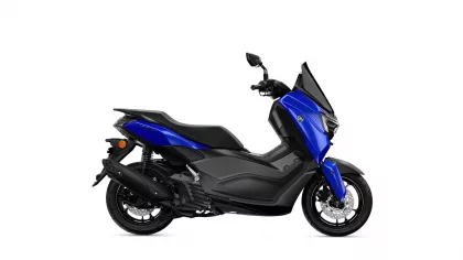 Blue Yamaha scooter viewed from the left side against a white background.