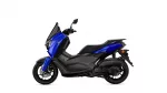 Blue and black Yamaha NMAX scooter shown in a side view, highlighting its front wheel and seating area.