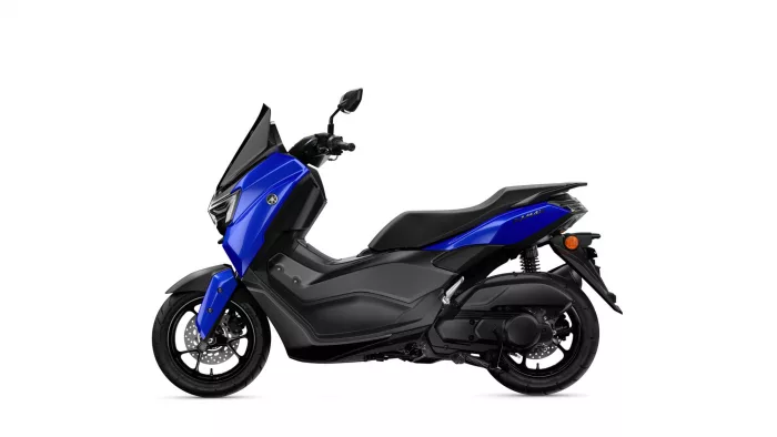 Blue and black Yamaha NMAX scooter shown in a side view, highlighting its front wheel and seating area.