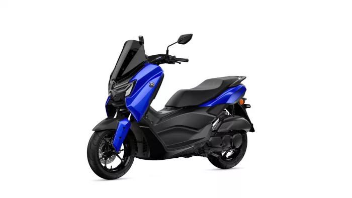 Blue Yamaha scooter shown from the front-left with windshield and black seat for a product view.
