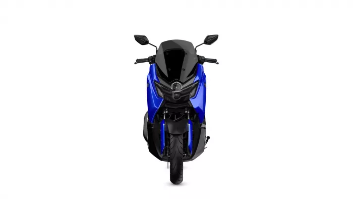 Front view of a blue sport motorcycle with a dark windscreen and black handlebars facing the viewer.