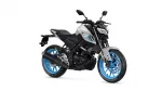 White and black Yamaha sport motorcycle with bright blue wheels, photographed at a slight front-left angle.