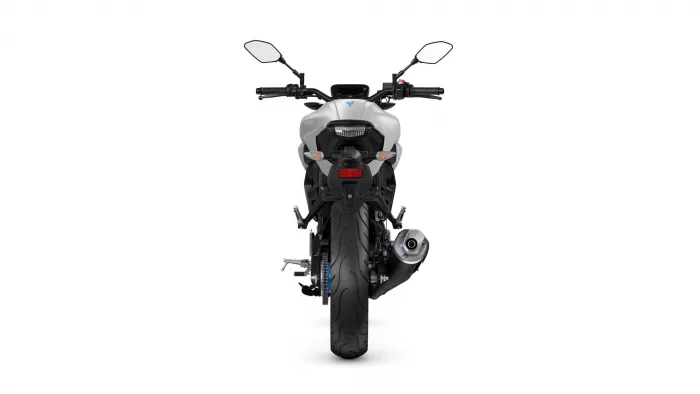 Rear view of a modern motorcycle centered on a white background, showing the tail, rear lights, and exhaust.