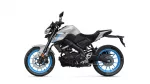 Side view of a white and black sport motorcycle with bright blue rims against a white background.
