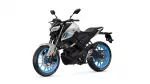 Sport motorcycle in white and black with bright blue wheels and visible front disc brakes on a white background.