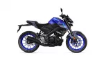 Side view of a Yamaha sport motorcycle with a blue fuel tank and blue rims on black frame