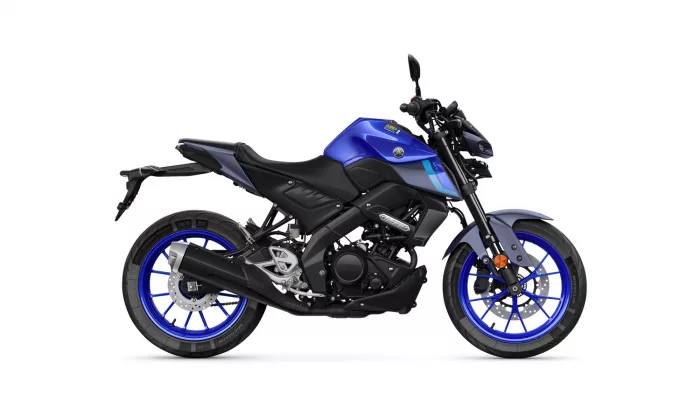 Side view of a Yamaha sport motorcycle with a blue fuel tank and blue rims on black frame