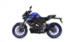 Side view of a blue sport motorcycle with black accents and blue rims against a white background