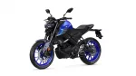 Blue and black Yamaha sport motorcycle, front-left three-quarter view with blue wheels and exposed exhausts, against a white background.
