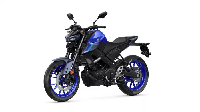 Blue and black Yamaha sport motorcycle, front-left three-quarter view with blue wheels and exposed exhausts, against a white background.