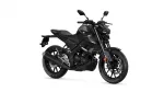 Black Yamaha sport motorcycle shown from a left-front side angle with exposed engine and exhausts on a white background.