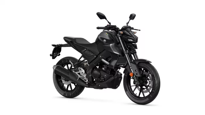 Black Yamaha sport motorcycle shown from a left-front side angle with exposed engine and exhausts on a white background.