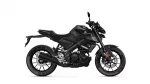 Side view of a matte black Yamaha sport motorcycle, showing its sleek angular body and exposed engine.