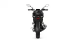 Rear view of a black sport motorcycle on a white background, showing taillight and exhaust.