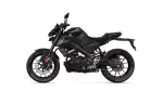 Black sport motorcycle shown in a side profile with the front wheel on the left and visible engine, exhaust, and disc brakes (Yamaha branding).