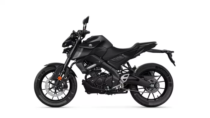 Black sport motorcycle shown in a side profile with the front wheel on the left and visible engine, exhaust, and disc brakes (Yamaha branding).