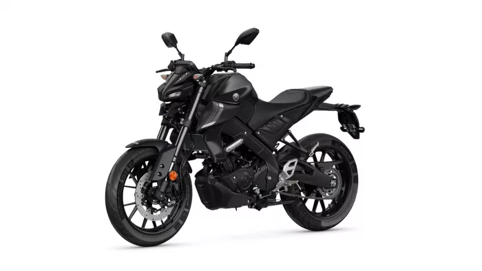 Black Yamaha sport motorcycle shown from a left-side profile with angular fairings and dual disc brakes