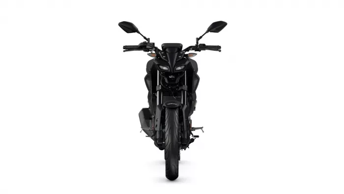 Front view of a black Yamaha motorcycle with twin headlights, handlebars, and visible front suspension against a white background