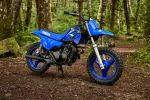 Blue Yamaha dirt bike on a forest trail with trees in the background, resting on its stand.