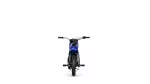 Front-on view of a blue dirt bike motorcycle facing the viewer, showing handlebars and front wheel against a white background.