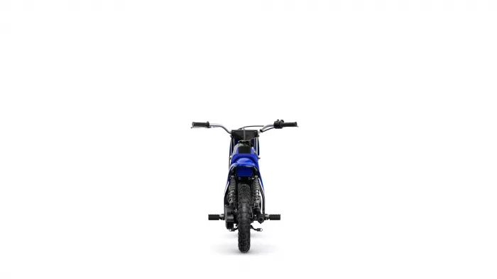 Front-on view of a blue dirt bike motorcycle facing the viewer, showing handlebars and front wheel against a white background.