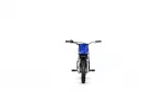Front view of a blue off-road motorcycle with a knobby front tire and black handlebars facing the viewer.