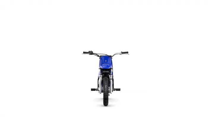 Front view of a blue off-road motorcycle with a knobby front tire and black handlebars facing the viewer.