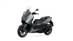 Yamaha X-MAX scooter in silver and black with tall windshield, shown from the front-left side on a white background.