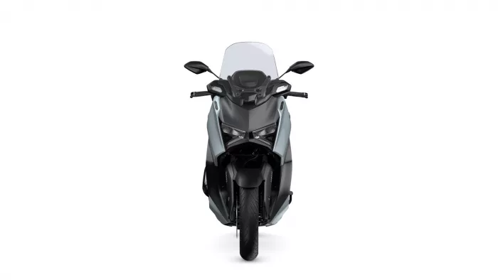 Front view of a modern sport motorcycle with a clear windscreen, dual headlights, and side mirrors visible on either side.