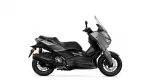 Side view of a black Yamaha X-MAX scooter with a tall windshield on a white background.