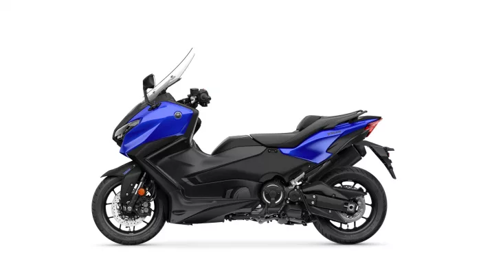 Blue and black Yamaha sport motorcycle shown from the side, with a tall windscreen and sleek dual-tone bodywork.