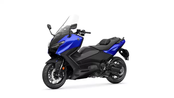 Blue Yamaha sport-t motorcycle shown from the left-front angle with windshield and seat for two