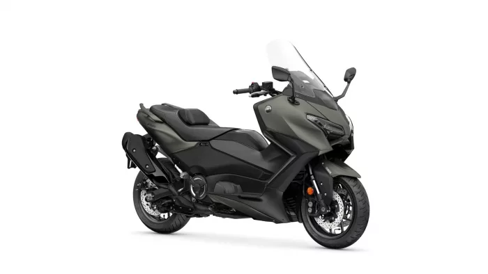 Sport-touring motorcycle in dark gray/olive, shown from the front-right side with a tall windshield and dual disc brakes (Yamaha logo visible).
