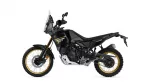 Side view of a black Yamaha Tenere 700 World Raid adventure motorcycle with gold rims and windshield against a white background.