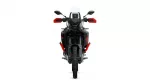 Front view of a black-and-red adventure motorcycle with a tall windshield and red handguards, shown head-on against a white background.
