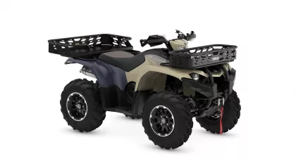 Yamaha ATV with large front and rear cargo baskets for hauling gear on rugged terrain