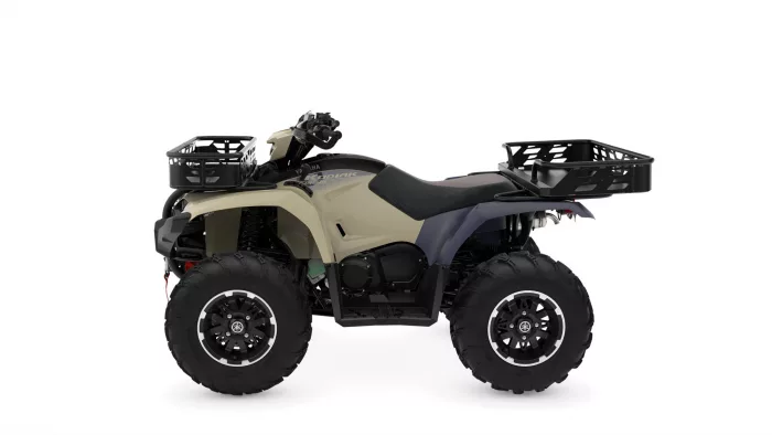 ATV quad bike with front and rear cargo baskets and chunky off-road tires