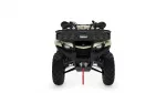 Front view of a beige Yamaha ATV with a black rack and large knobby tires, logo visible on the grille.