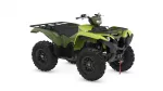 Green Yamaha ATV with oversized off-road tires and front/rear cargo racks, shown from the side in olive and black.