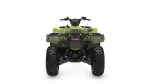Rear view of a green all-terrain vehicle (ATV) with a rear cargo rack and large knobby tires on a white background, showing suspension.