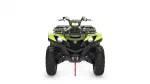 Front view of a lime-green ATV with large knobby tires, protective bumper, and a red tow rope hanging from the winch area at center.