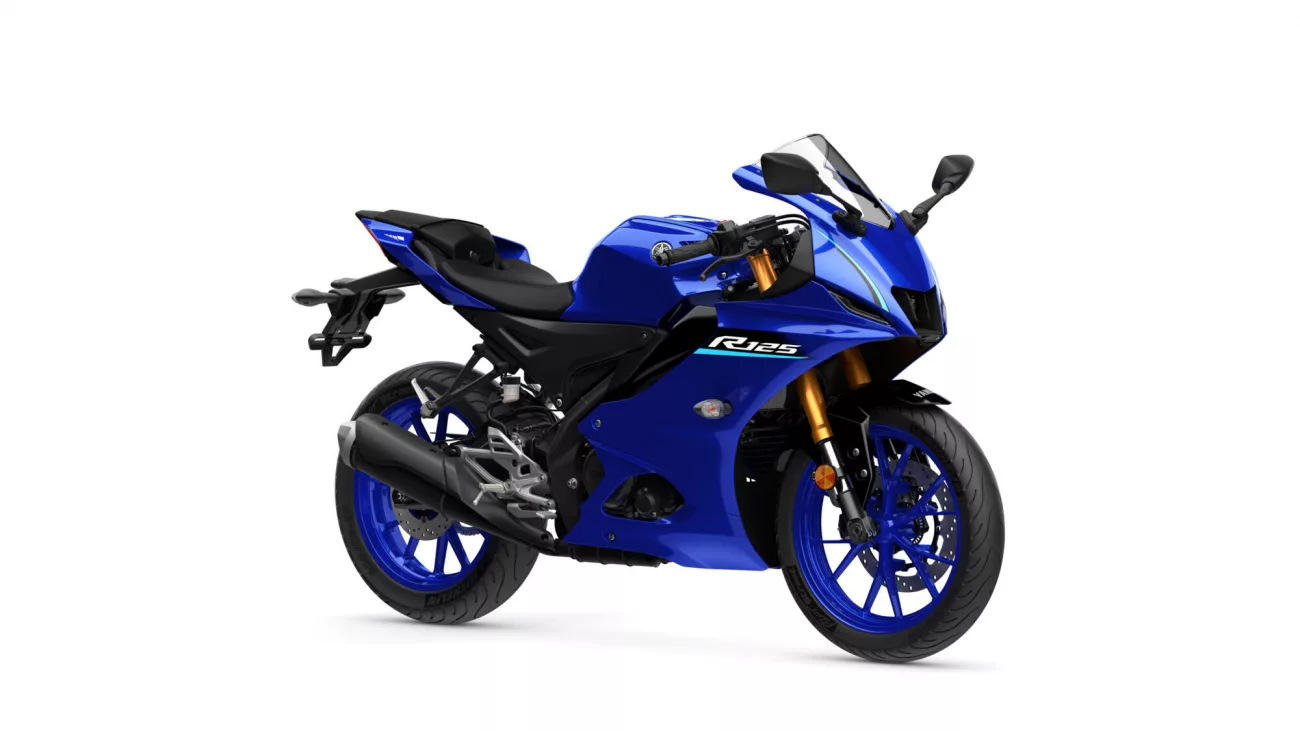 Blue sport motorcycle photographed from a front three-quarter view, showing bold fairings and dual disc brakes.