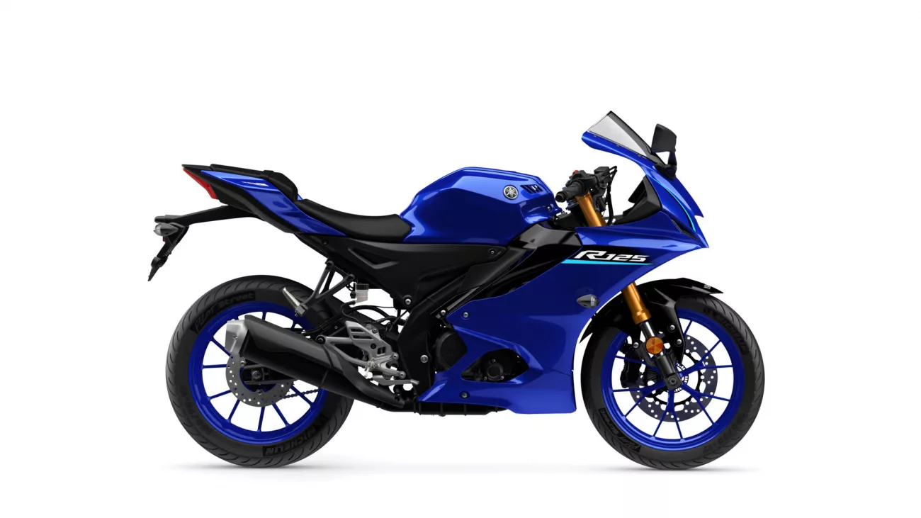 Blue Yamaha R125 sport motorcycle shown in side profile on a white background.