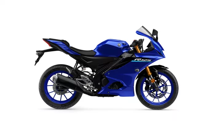 Blue Yamaha R125 sport motorcycle shown in side profile on a white background.
