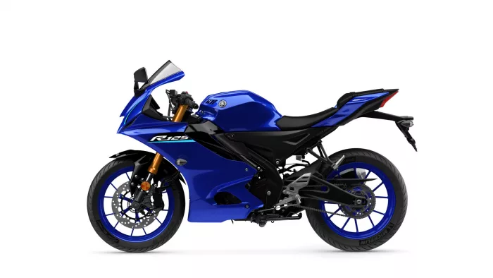 Blue Yamaha R125 sport motorcycle shown in a left-side profile against a white background, logo visible on the fairing.