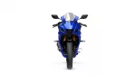 Front view of a blue sport motorcycle with black mirrors and windscreen, Yamaha branding visible on the front fairing.