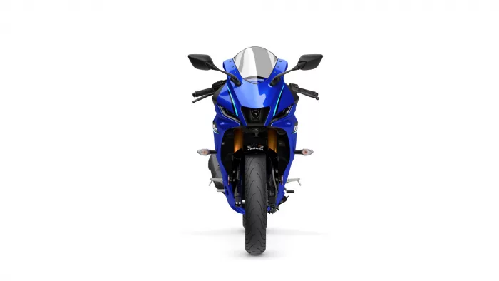 Front view of a blue sport motorcycle with black mirrors and windscreen, Yamaha branding visible on the front fairing.